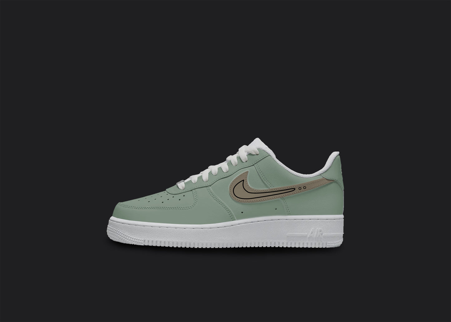 The image is of a Custom Nike Air force 1 sneaker on a blank black background. The white custom sneaker has a Green and brown colorway design.