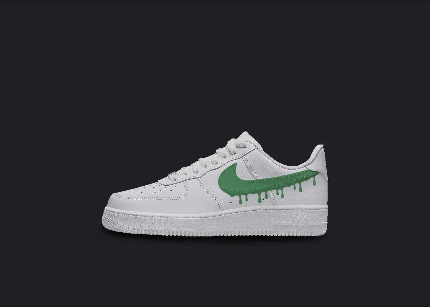 The image is of a Custom Nike Air force 1 sneaker on a blank black background. The white custom sneaker has a Green drip logo design.