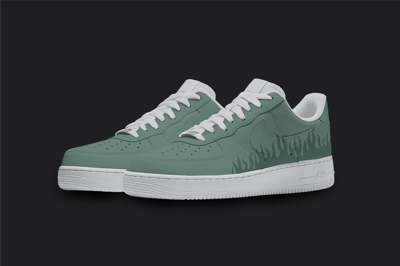 Green Flames - Custom Air Force 1s, hand-painted custom sneaker by Wokecustoms