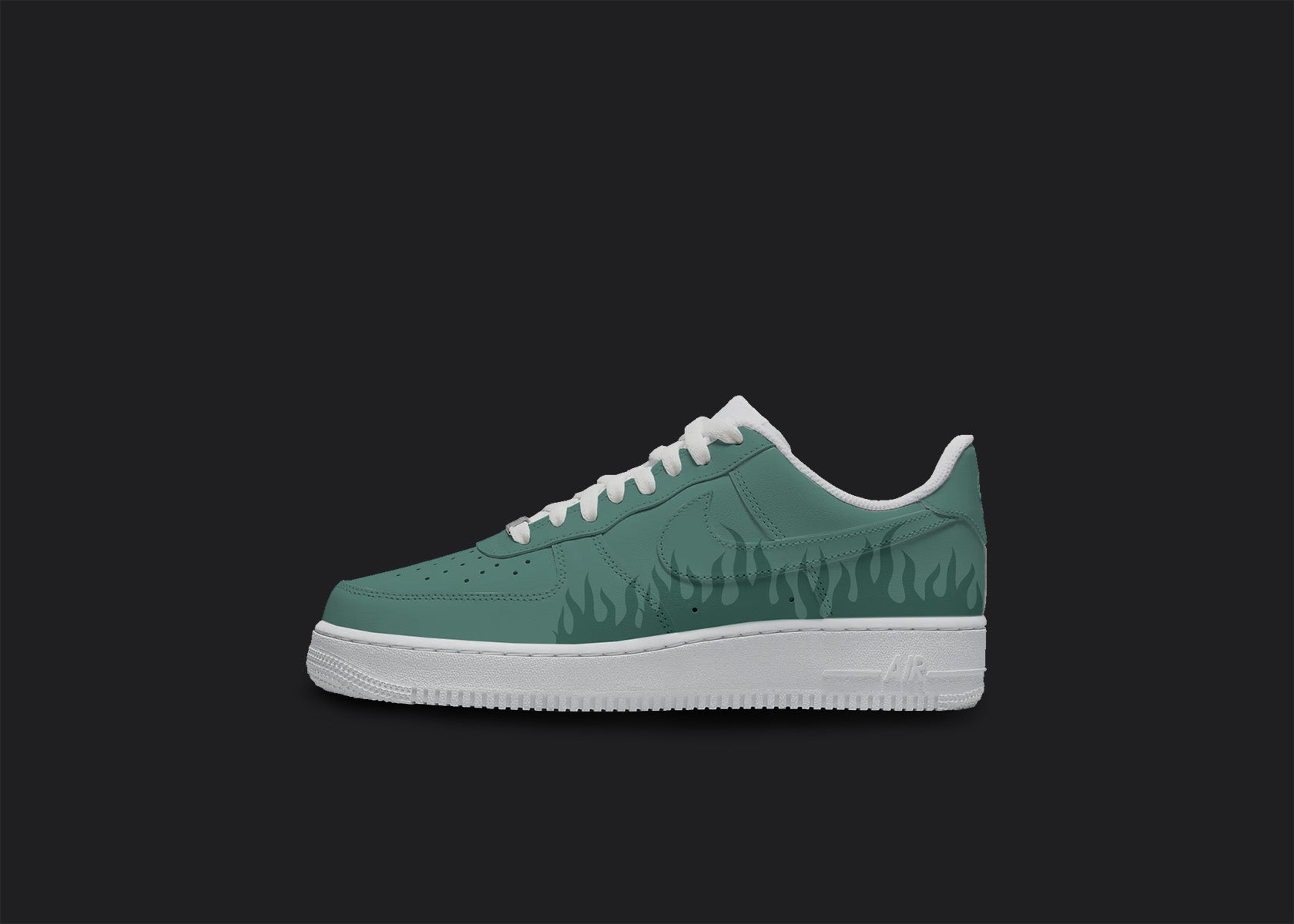 The image is of a Custom Nike Air force 1 sneaker on a blank black background. The white custom sneaker has all over Green flames design.