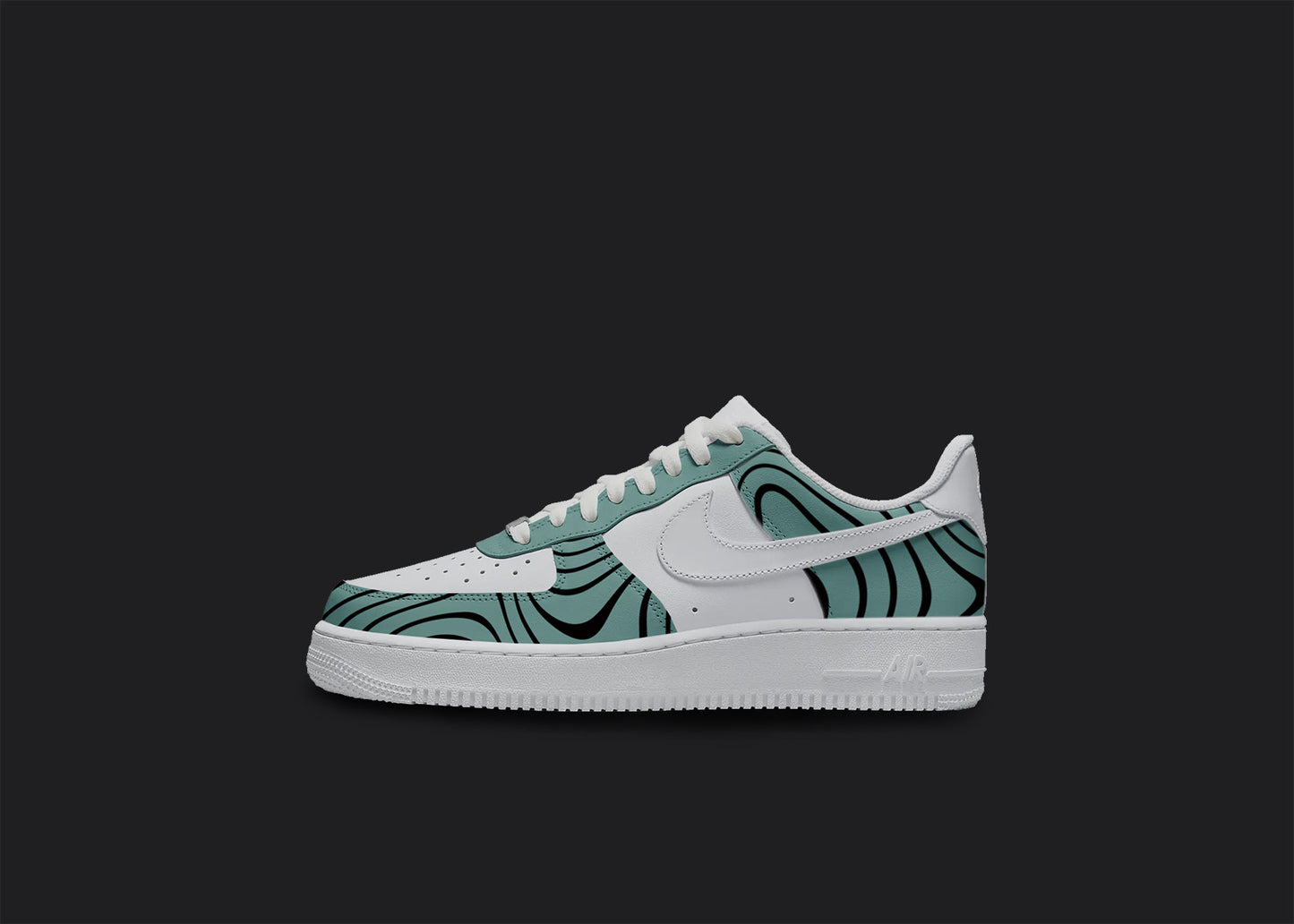 The image is of a Custom Nike Air force 1 sneaker on a blank black background. The white custom sneaker has all over Green Stripes design.