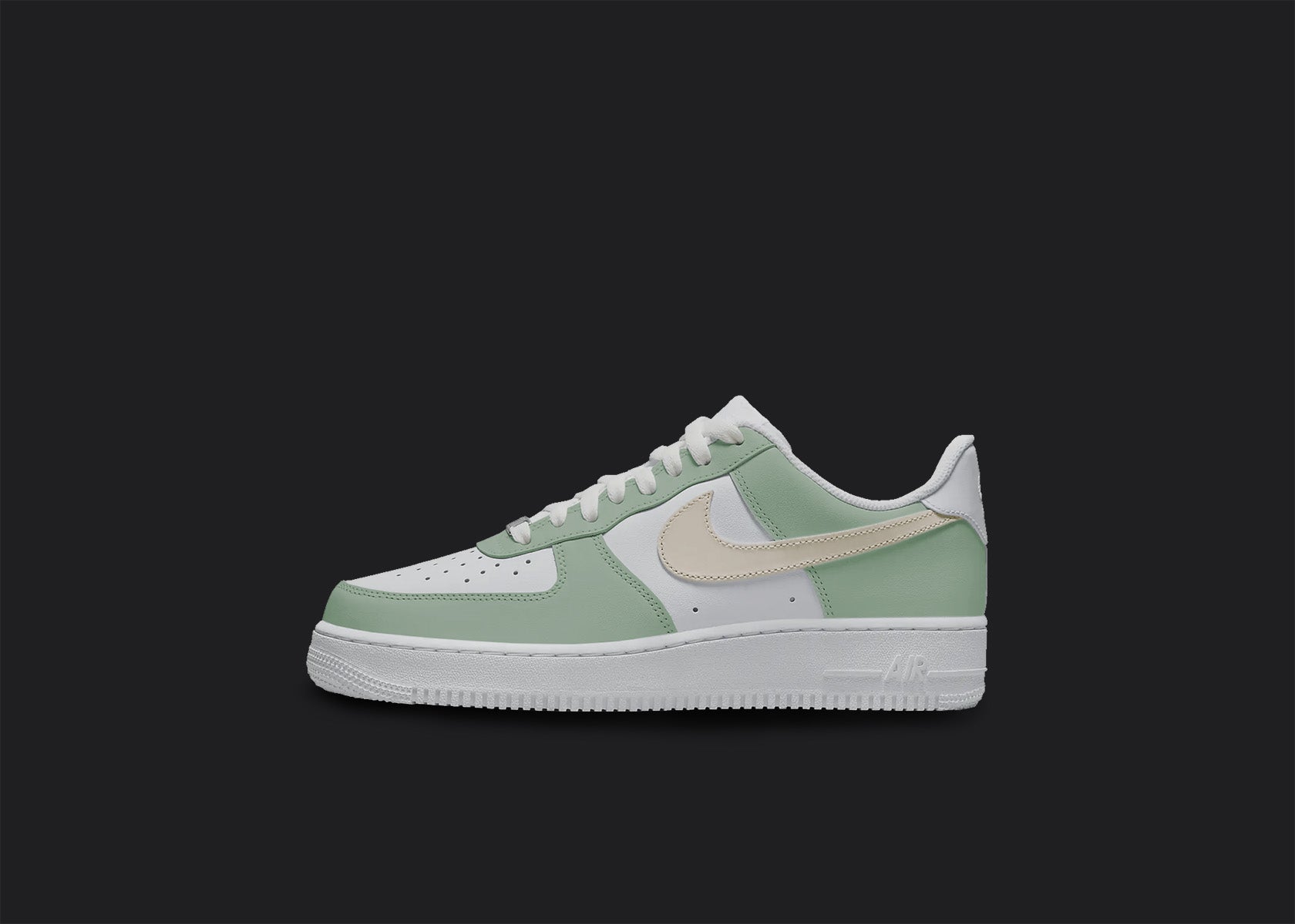 The image is of a Custom Nike Air force 1 sneaker on a blank black background. The white custom sneaker has a Green and beige pastel colorway design.