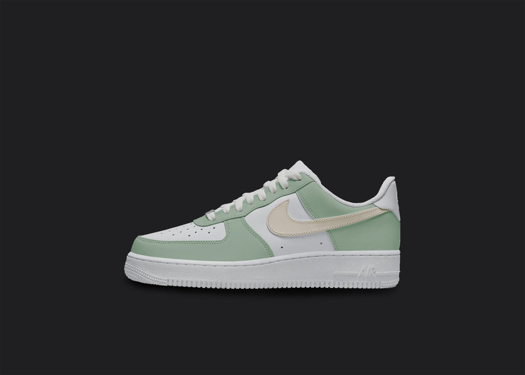 Green and Beige - Custom Air Force 1s, hand-painted custom sneaker by Wokecustoms