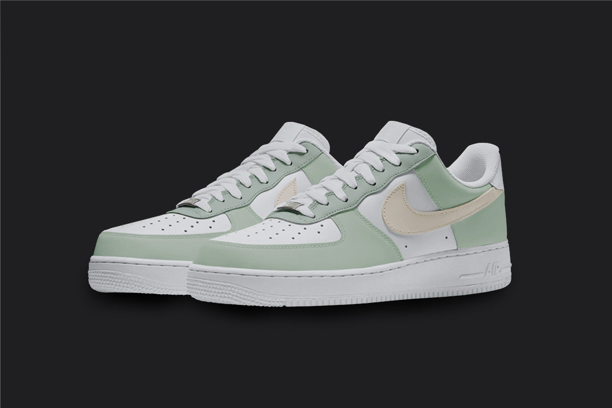 Green and Beige - Custom Air Force 1s, hand-painted custom sneaker by Wokecustoms
