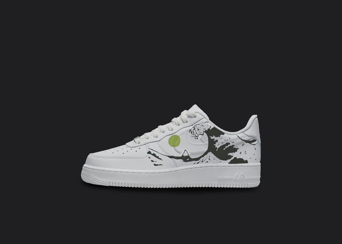The image is of a Custom Nike Air force 1 sneaker on a blank black background. The white custom nike sneaker has a black kawasaki wave illustration on the side.  