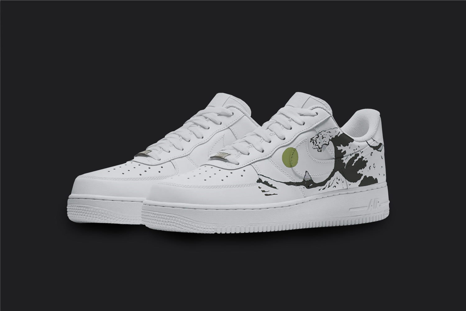 The image is of a Custom Nike Air force 1 sneaker pair on a blank black background. The white custom sneakers have a kawasaki wave illustration outside of the shoes. 