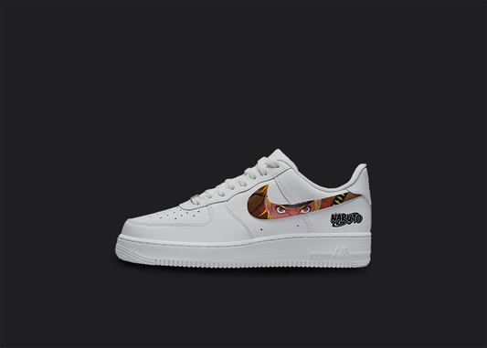 The image is featuring a Custom Naruto Air force 1 sneakers on a blank black background. The white nike sneaker has a naruto design on the side of the nike logo. 