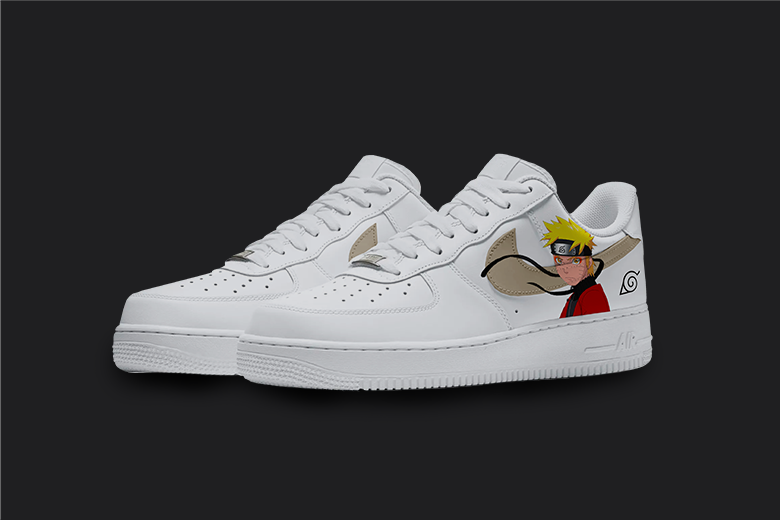 The image is of a Custom Naruto Nike Air force 1 sneaker pair on a blank black background. The custom sneaker pair has a Naruto anime design on the nike logo.