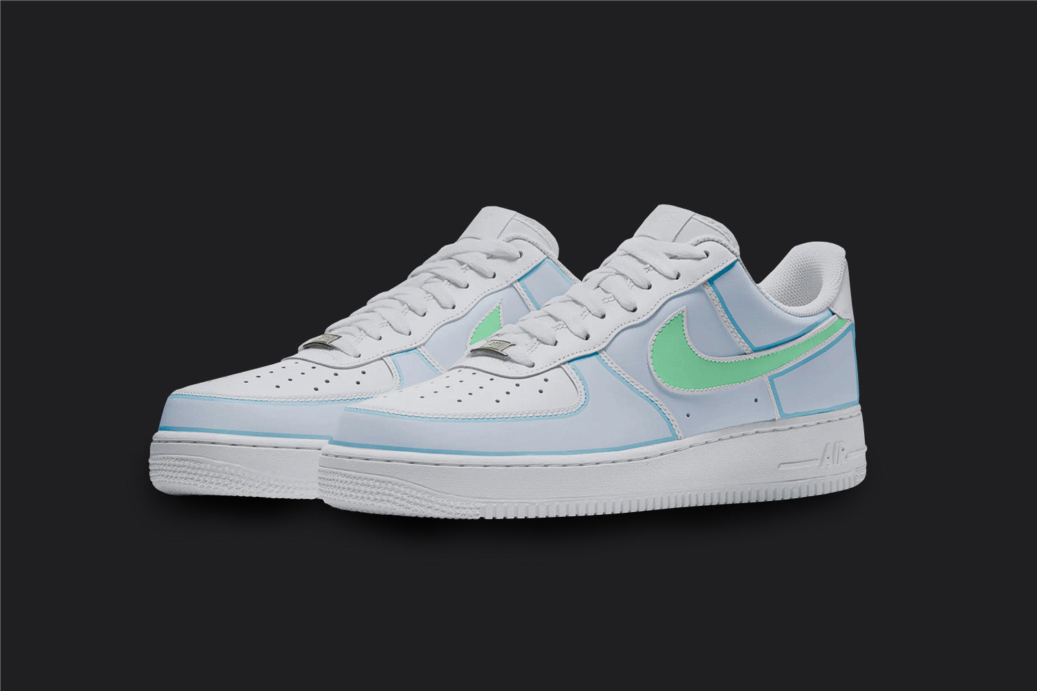The image is of a Custom Nike Air force 1 sneaker pair on a blank black background. The pastel blue custom sneakers have a mint green design on the side of the shoes.