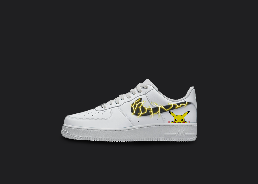 Custom Pikachu inspired Nike Air Force 1 sneakers with Pikachu peeking over the edge of the sole, on a white background with black Nike swoosh with yellow lightning, perfect for Pokemon fans looking to add a touch of nostalgia and Pokemon culture to their shoe collection.