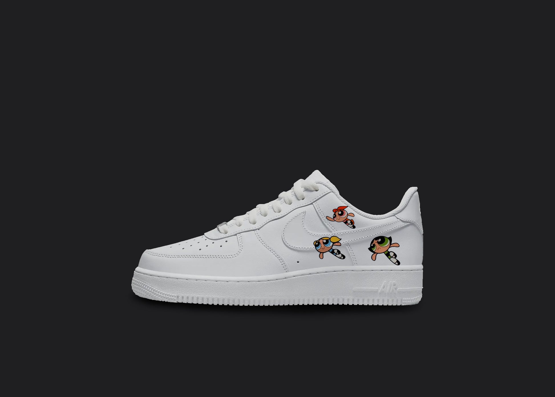 The image is of a Custom Nike Air force 1 sneaker on a blank black background. The white custom nike sneaker has Power Puff girls on the side of the sneaker.