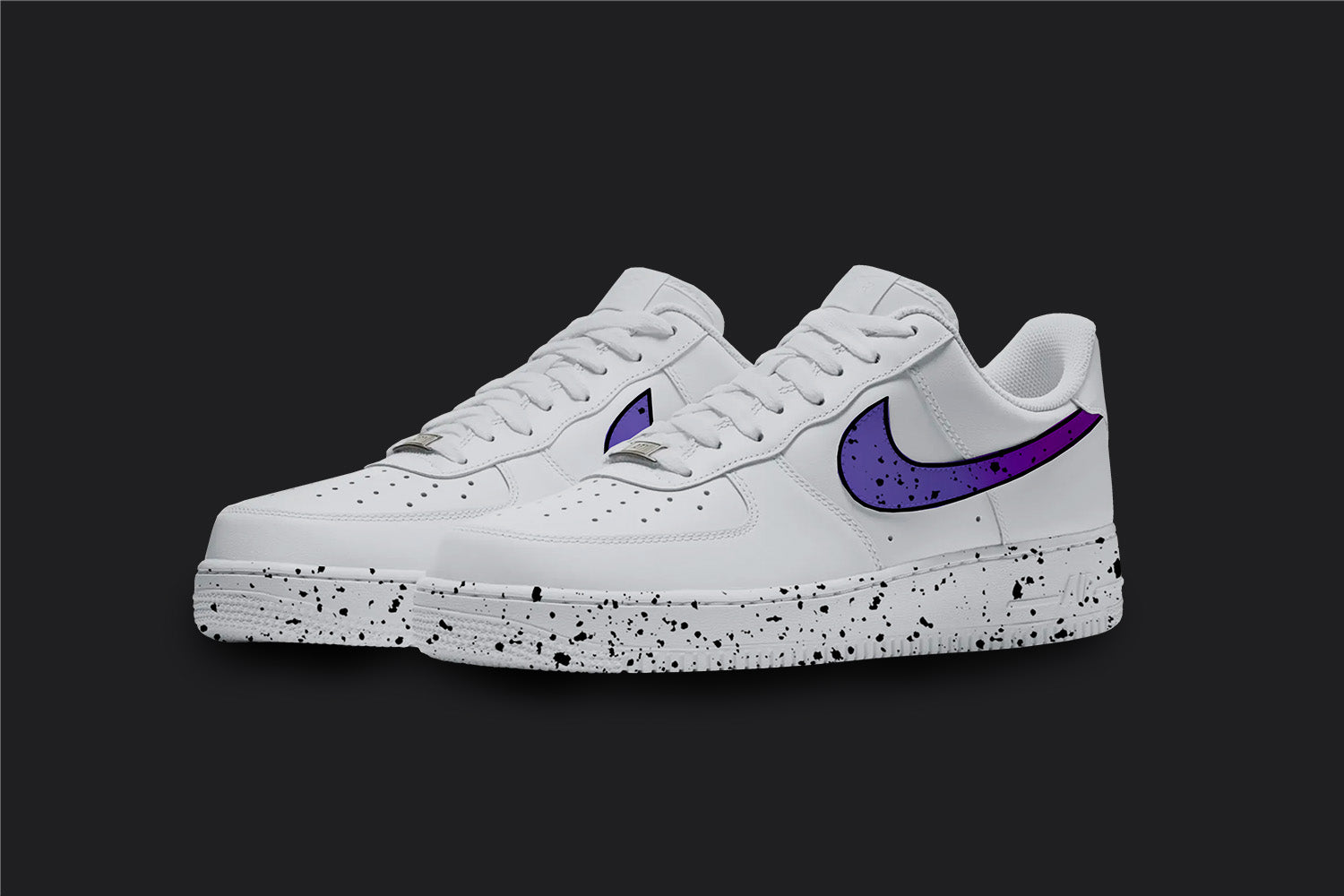 The image is of a Custom Nike Air force 1 sneaker pair on a blank black background. The white custom sneakers have a purple  splatter covering the sole and the nike logo of the sneakers. Under the splatter the nike logo is made in a purple fade. 