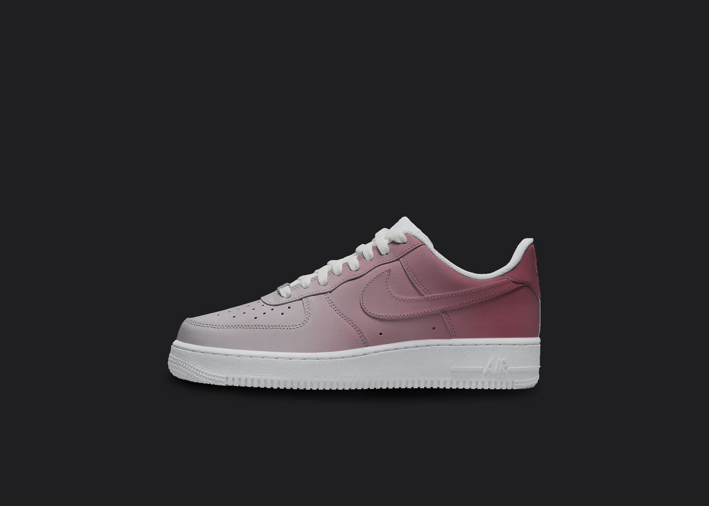 The image is of a Custom Nike Air force 1 sneaker on a blank black background. The white custom nike sneaker has a red fade covering most of it. 
