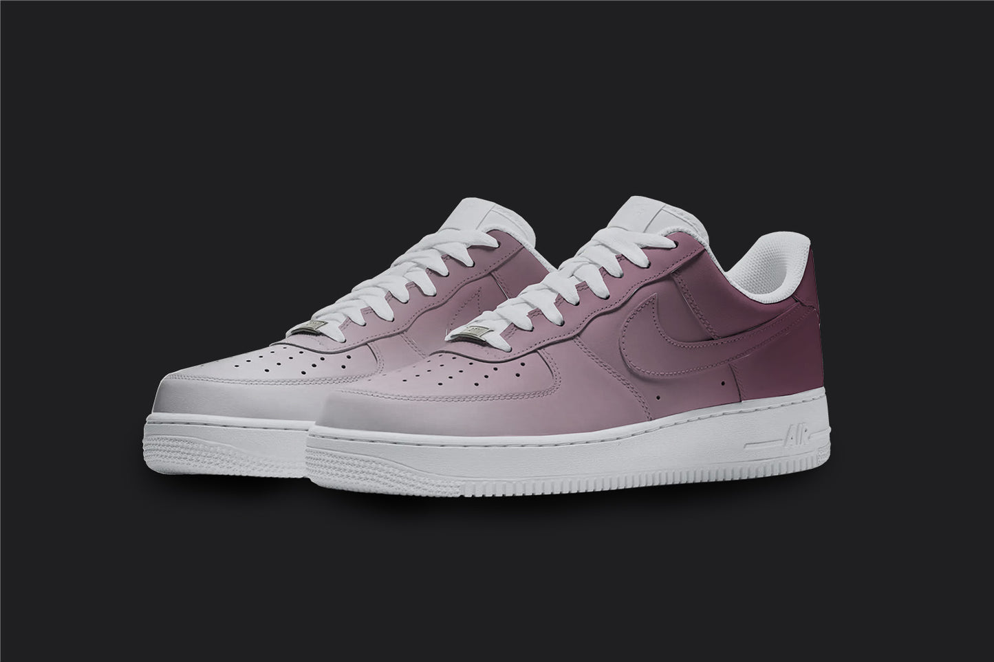 The image is of a Custom Nike Air force 1 sneaker pair on a blank black background. The white custom sneakers have a red fade covering the sneakers.