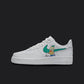 The image is of a Custom Nike Air force 1 sneaker on a blank black background. The white custom sneaker has a Isimpsons character krusty the clown as a nike logo.