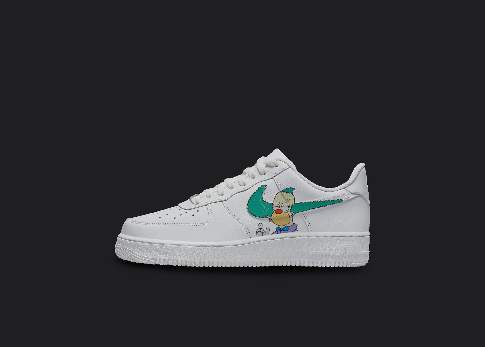 The image is of a Custom Nike Air force 1 sneaker on a blank black background. The white custom sneaker has a Isimpsons character krusty the clown as a nike logo.