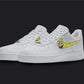 The image is of a Custom Nike Air force 1 sneaker pair on a blank black background. The custom sneaker pair has a spongebob design on the nike logo.