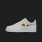 The image is featuring a Custom Nike Air force 1 sneakers on a blank black background. The white nike sneaker has a yellow sunflower swoosh. 