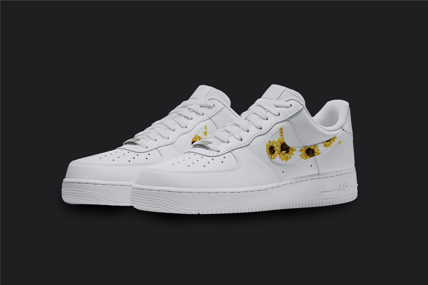 The image is of a Custom Nike Air force 1 sneaker pair on a blank black background. The custom sneaker pair has a sunflower design on the nike logo.