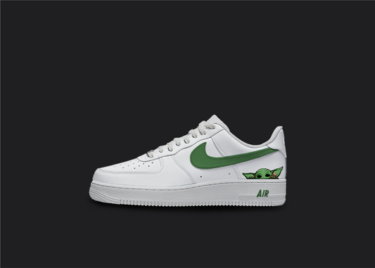 Custom Yoda inspired Nike Air Force 1 sneakers with Yoda peeking over the edge of the sole, on a black background with a green Nike swoosh, perfect for Star Wars fans looking to add a touch of pop culture to their shoe collection.