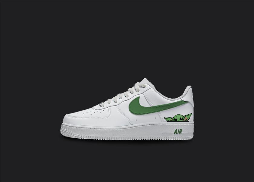 Yoda Green - Custom Air Force 1s, hand-painted custom sneaker by Wokecustoms