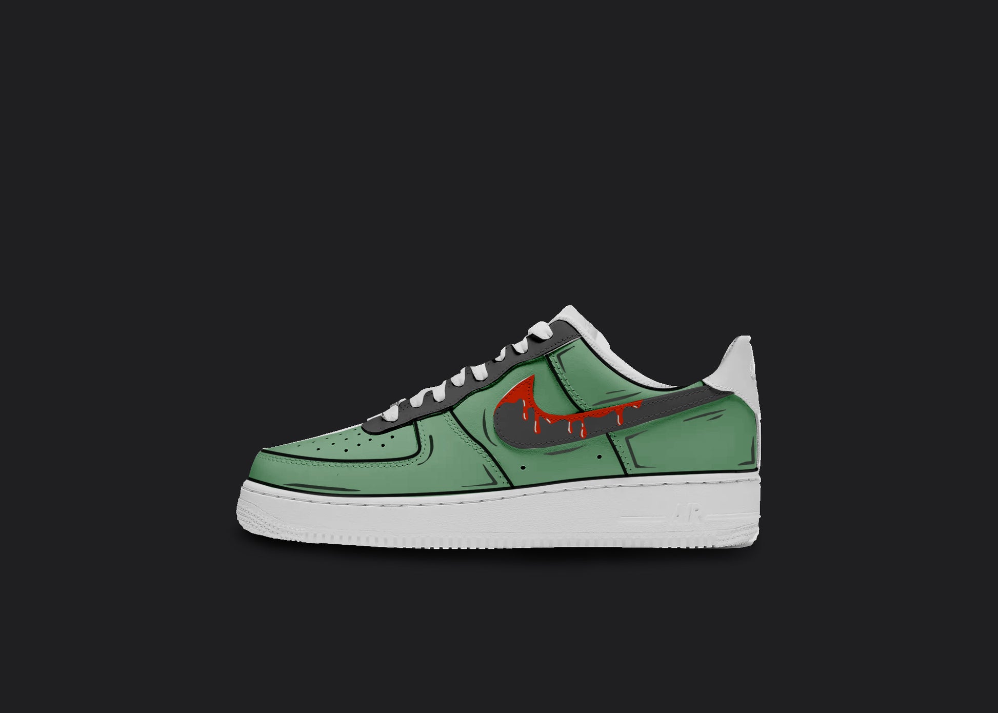 The image is of a Custom Nike Air force 1 sneaker on a blank black background. The white custom nike sneaker has a zombie like design all over the sneaker with red dripping details on the side.  