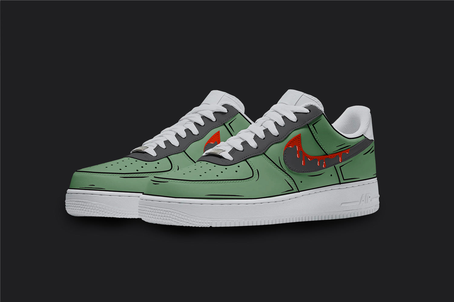 The image is of a Custom Nike Air force 1 sneaker pair on a blank black background. The white custom sneakers have a zombie green colorway with a dripping red nike logo on the sides.