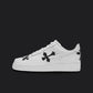 The image is featuring a Custom Nike Air force 1 sneakers on a blank black background. All over the white nike sneakers are 3 visible black crosses