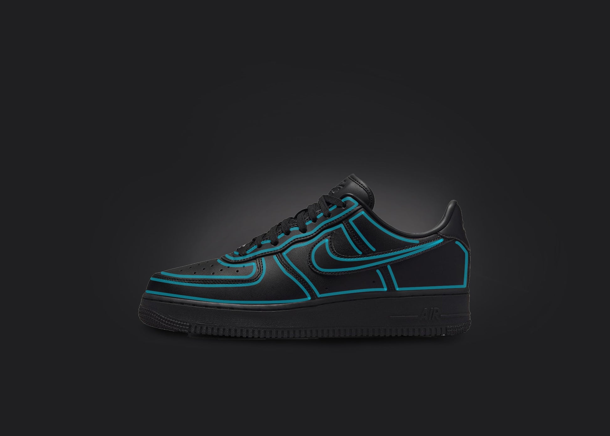 The image is featuring a custom black Air force 1 sneaker on a blank black background. The black nike sneaker has a blue cartoon outline design all over the sneaker. 