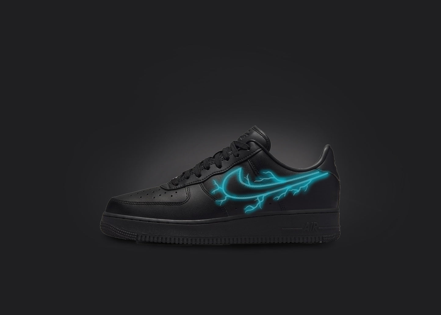 The image is featuring a custom black Air force 1 sneaker on a blank black background. The black nike sneaker has a blue lightning design on the nike logo. 