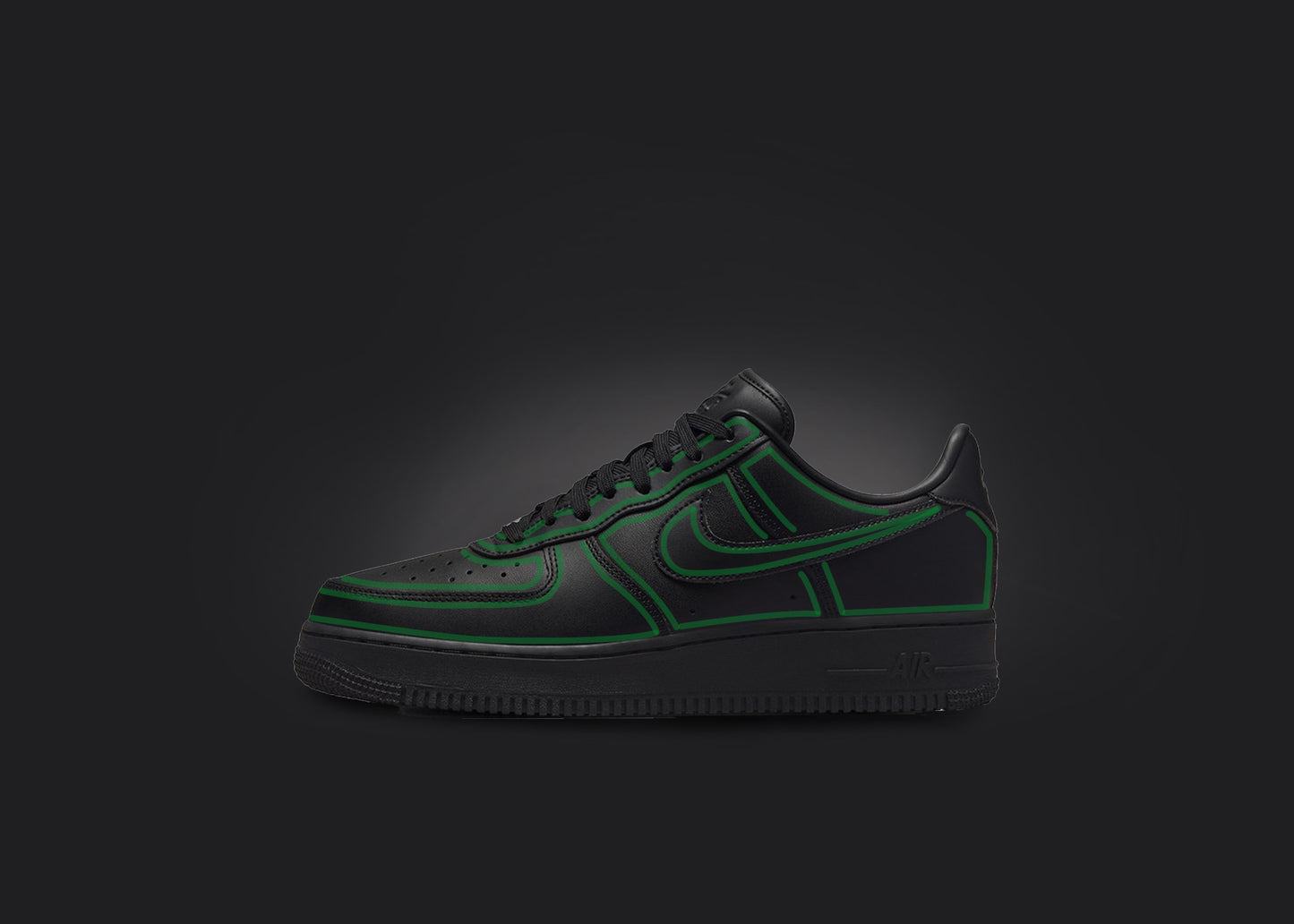 The image is featuring a custom black Air force 1 sneaker on a blank black background. The black nike sneaker has a green cartoon outline design all over the sneaker. 