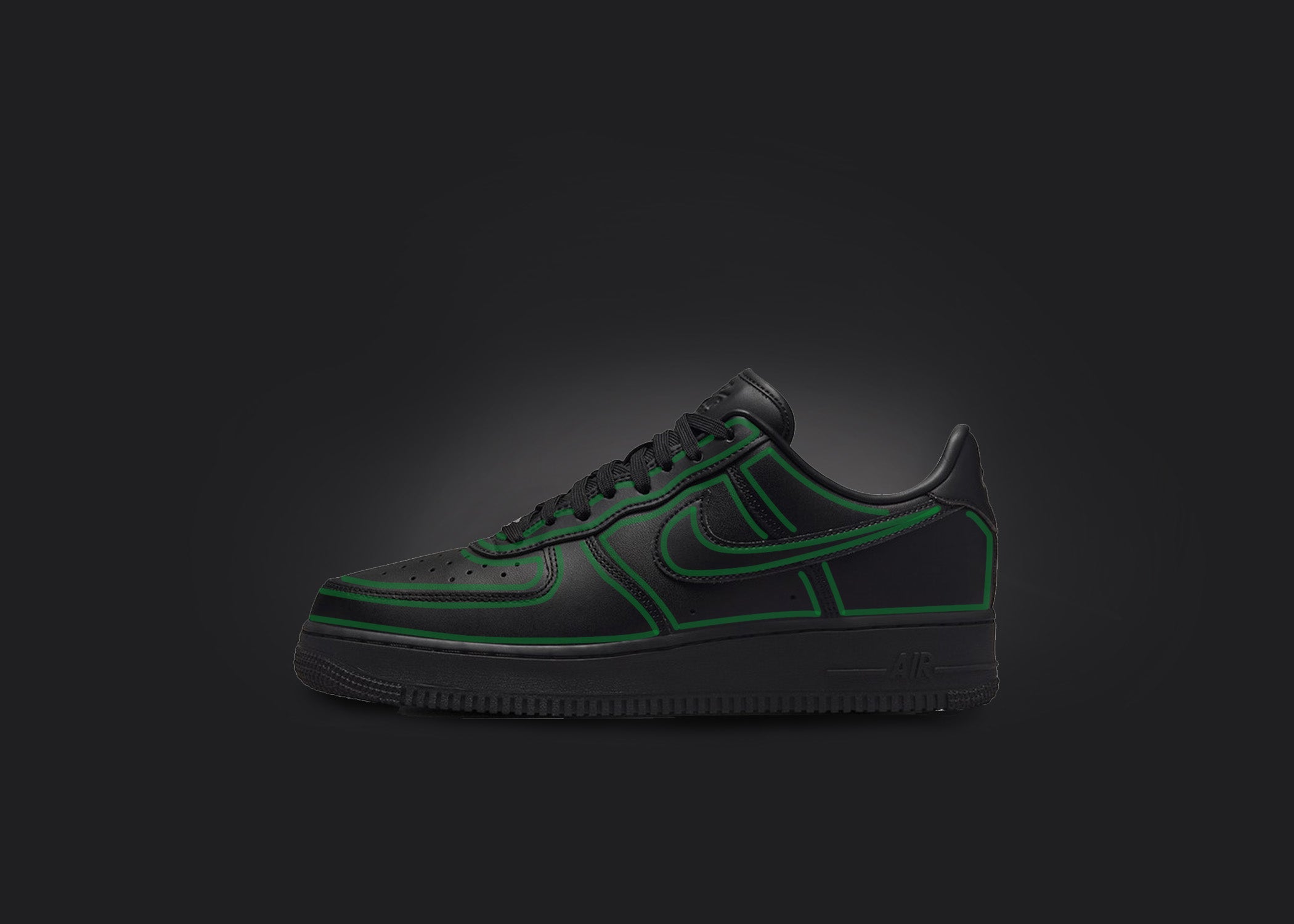 Custom Black Air Force 1 - Green Cartoon Outline, hand-painted custom sneaker by Wokecustoms