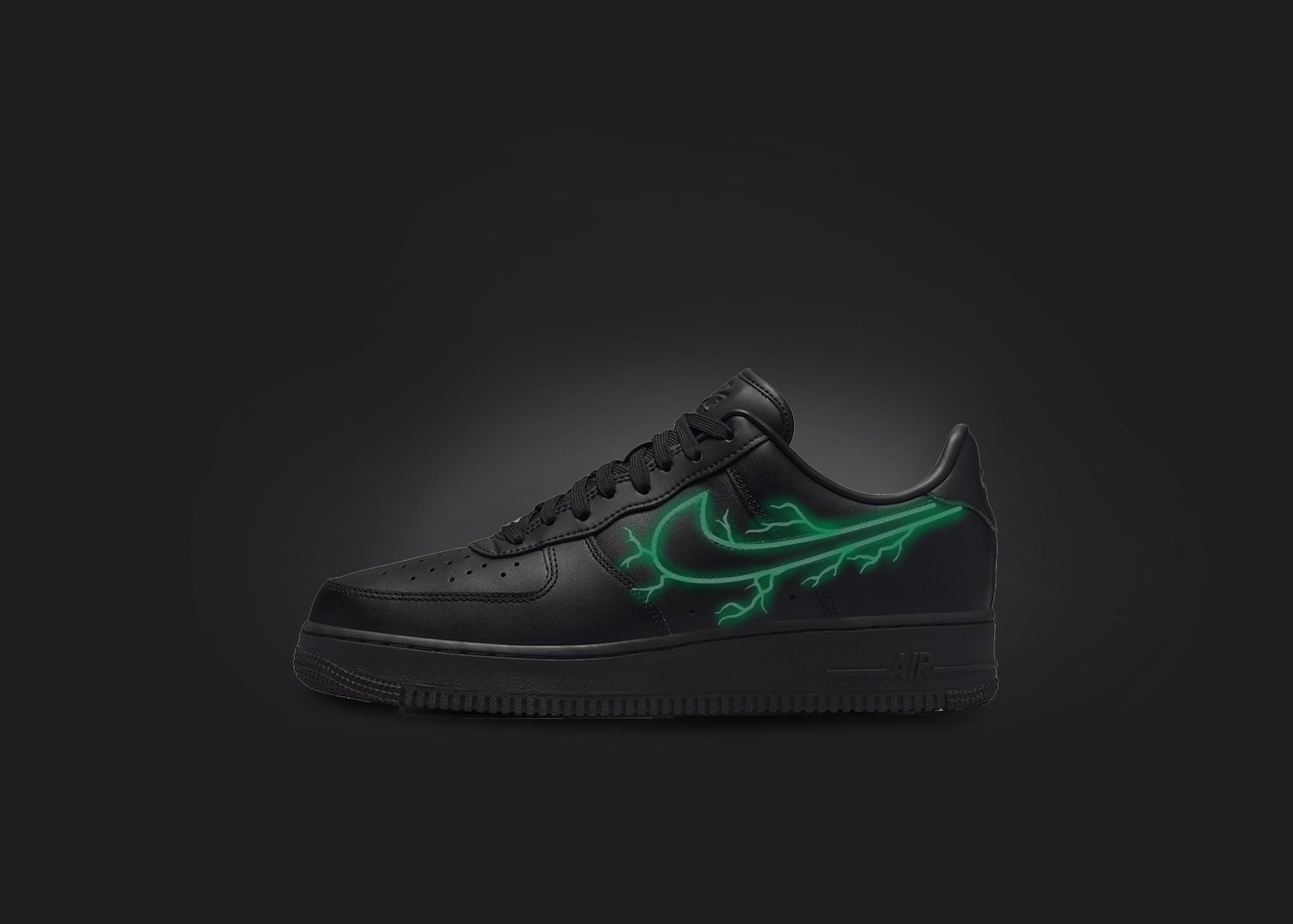 Custom Black Air Force 1 - Green Lightning, hand-painted custom sneaker by Wokecustoms