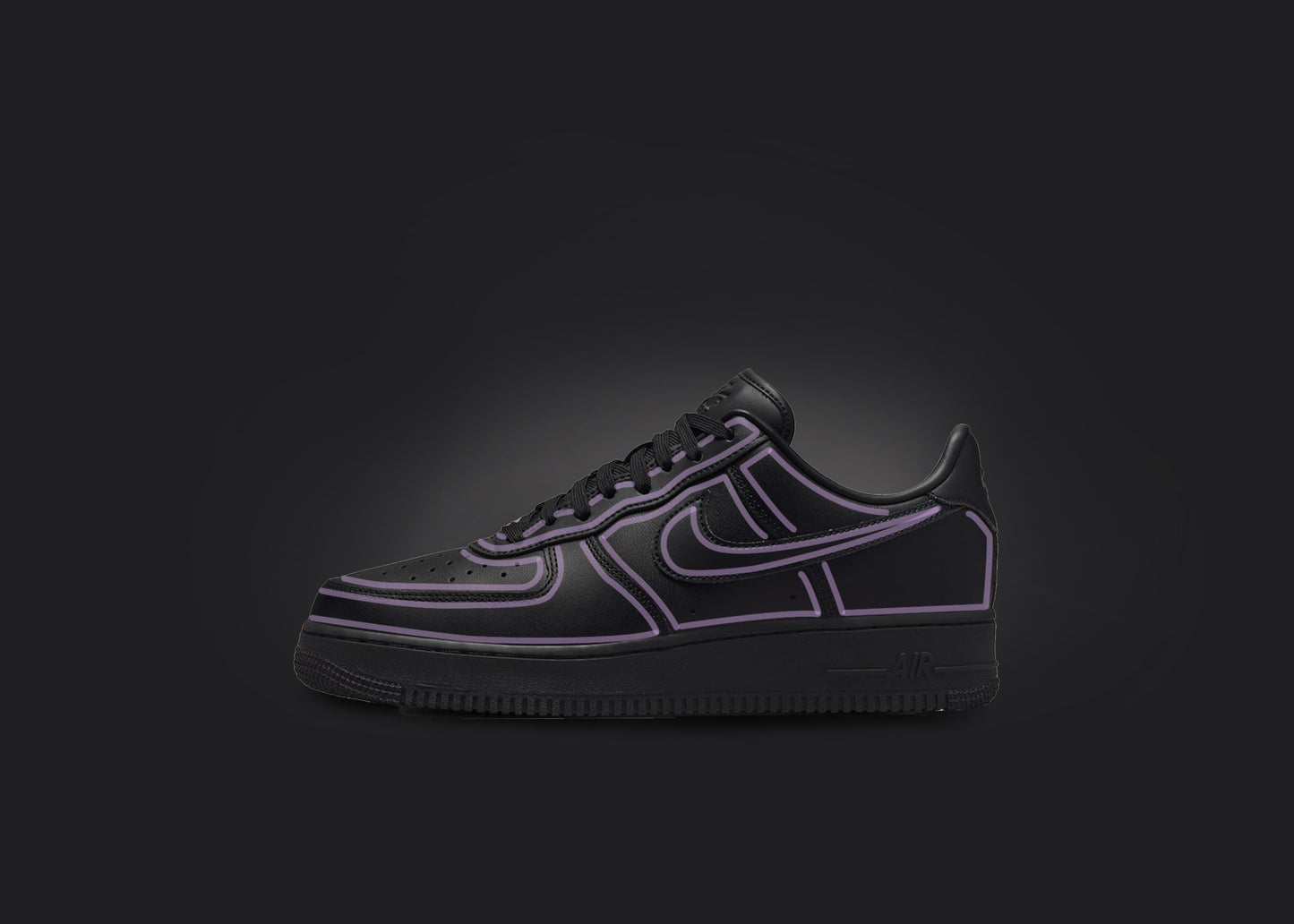 The image is featuring a custom black Air force 1 sneaker on a blank black background. The black nike sneaker has a Pink cartoon outline design all over the sneaker. 