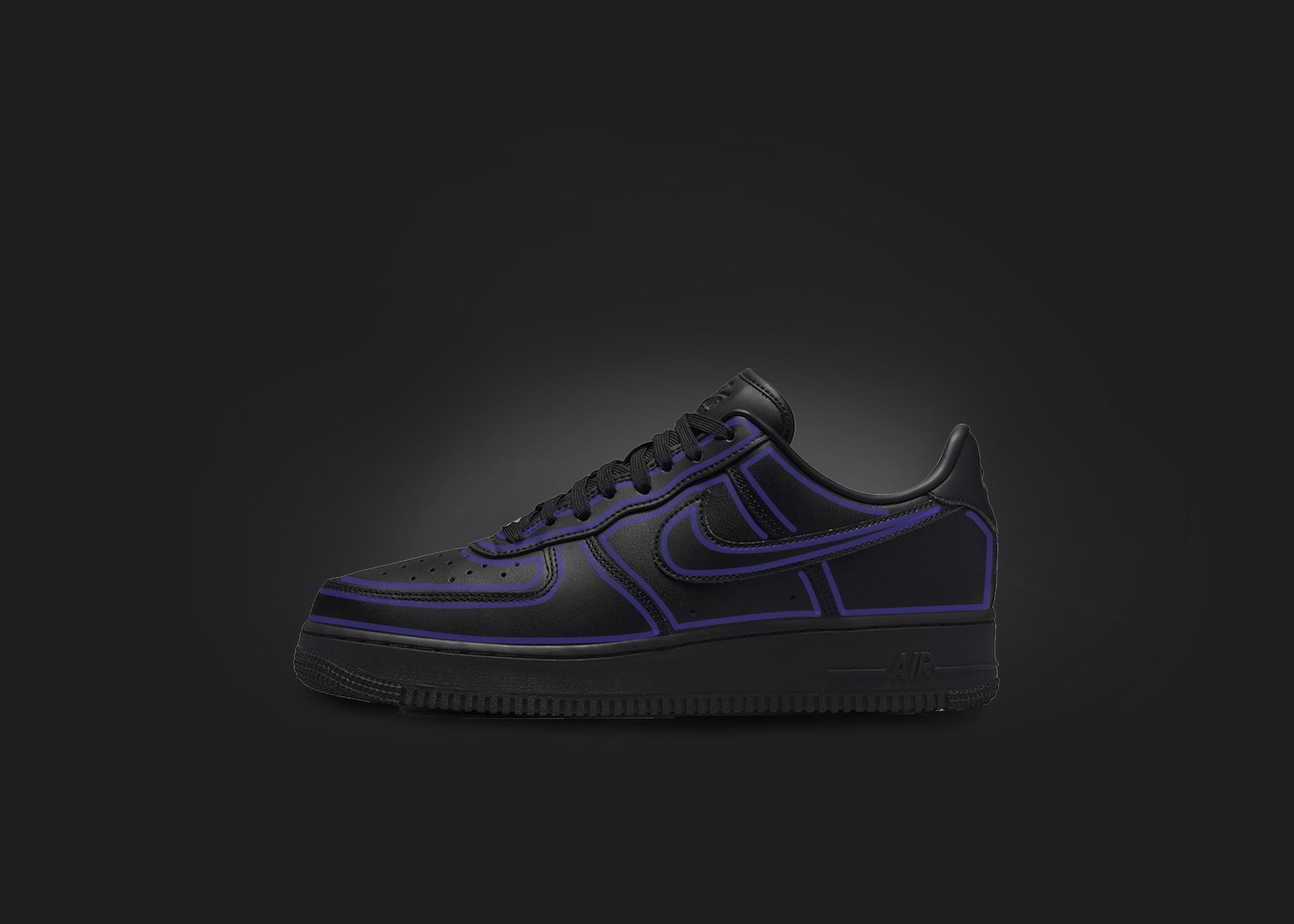 The image is featuring a custom black Air force 1 sneaker on a blank black background. The black nike sneaker has a purple cartoon outline design all over the sneaker. 