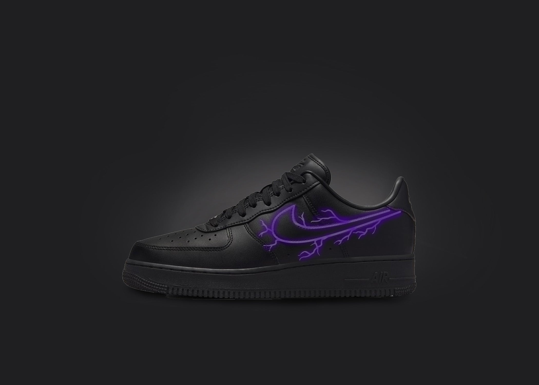 Custom Black Air Force 1 - Purple Lightning, hand-painted custom sneaker by Wokecustoms