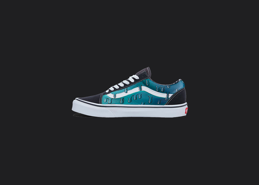 The image is featuring a custom hand painted dripping vans shoes on a blank black background. The vans old skools sneaker has a drip shoes design on the side of shoes. 