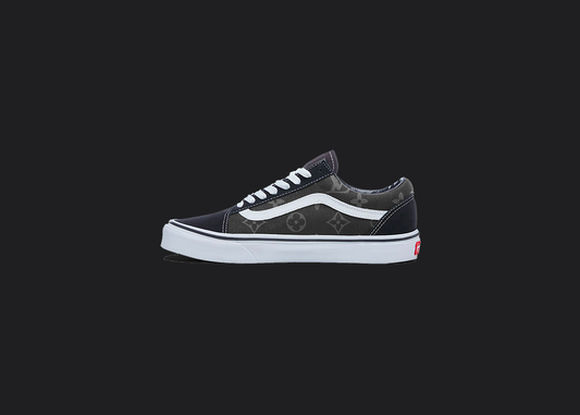 The image is featuring a custom hand painted vans shoes on a blank black background. The vans old skools sneaker has a gray custom vans louis vuitton design on the side of shoes. 