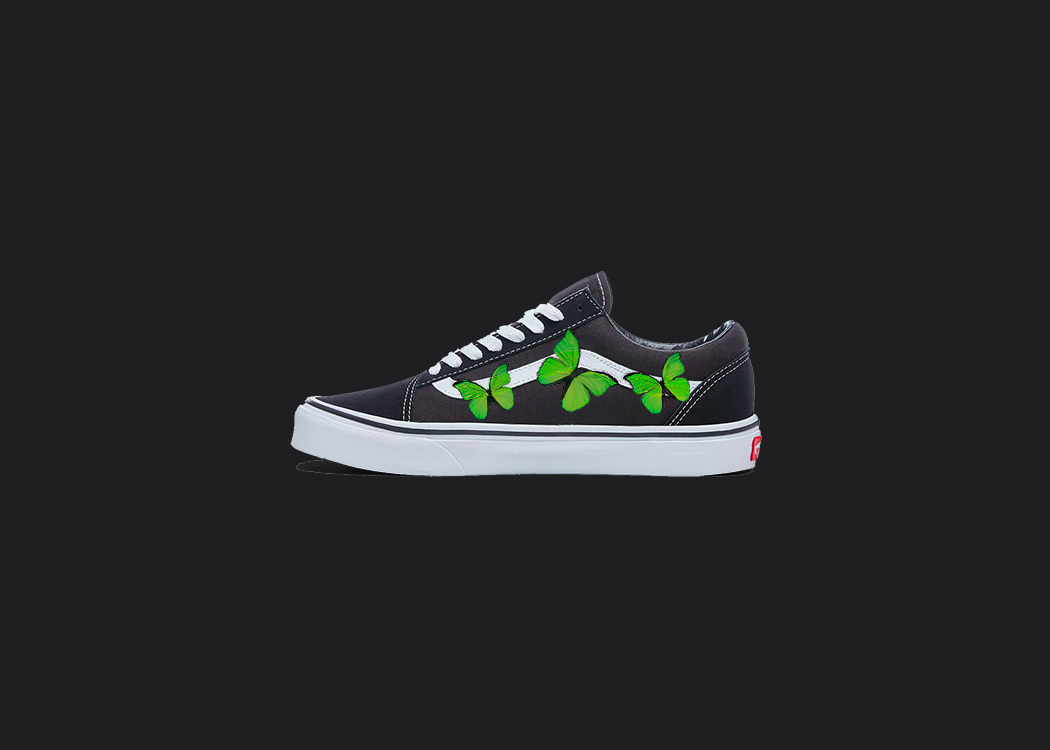 Green Butterfly Design - Custom Vans Old Skool, hand-painted custom shoe by Wokecustoms