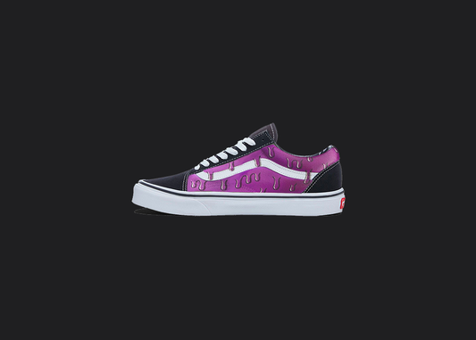 The image is featuring a custom hand painted dripping vans shoes on a blank black background. The vans old skools sneaker has a pink drip shoes design on the side of shoes. 