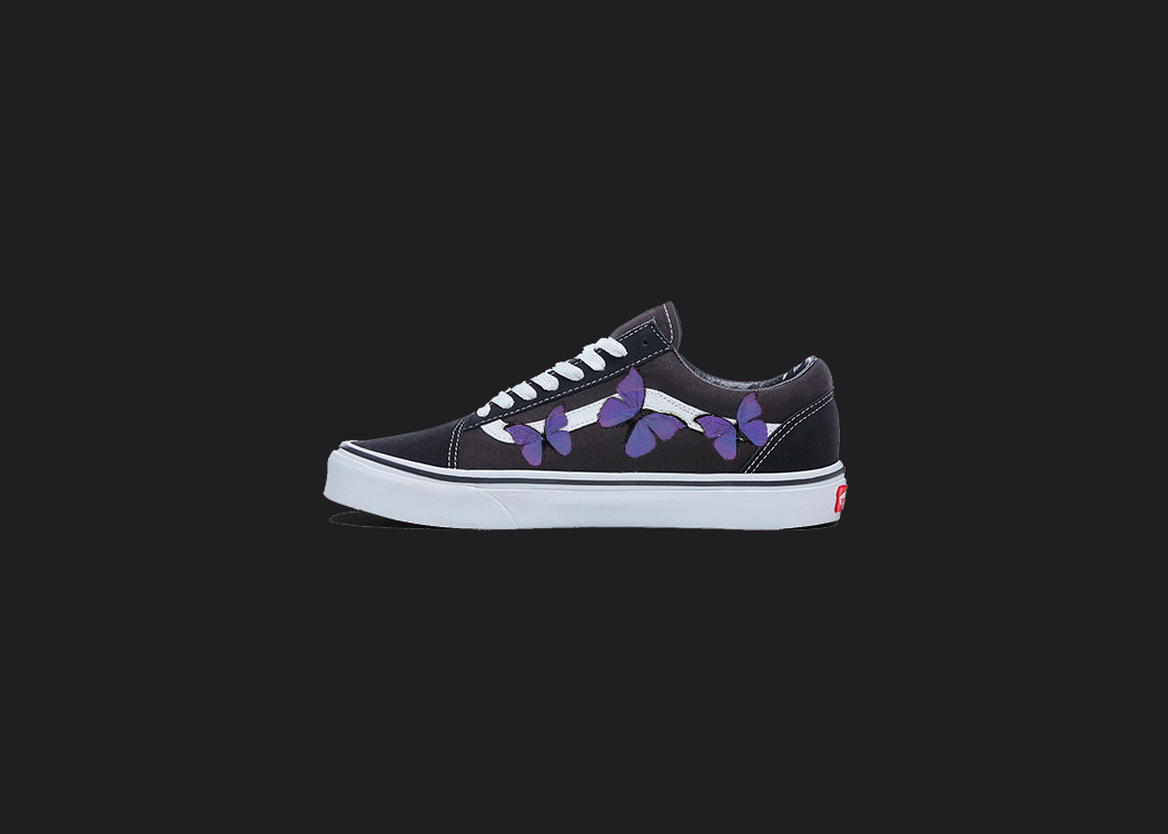 Purple Butterfly Design - Custom Vans Old Skool, hand-painted custom shoe by Wokecustoms