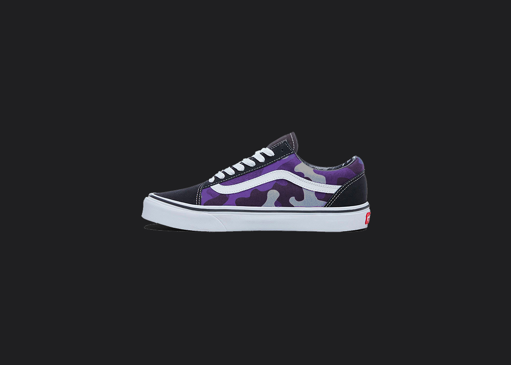 Purple Camo Design - Custom Vans Old Skool, hand-painted custom shoe by Wokecustoms