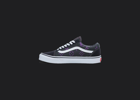 The image is featuring a custom hand painted vans shoes on a blank black background. The vans old skools sneaker has a purple custom vans louis vuitton design on the side of shoes. 