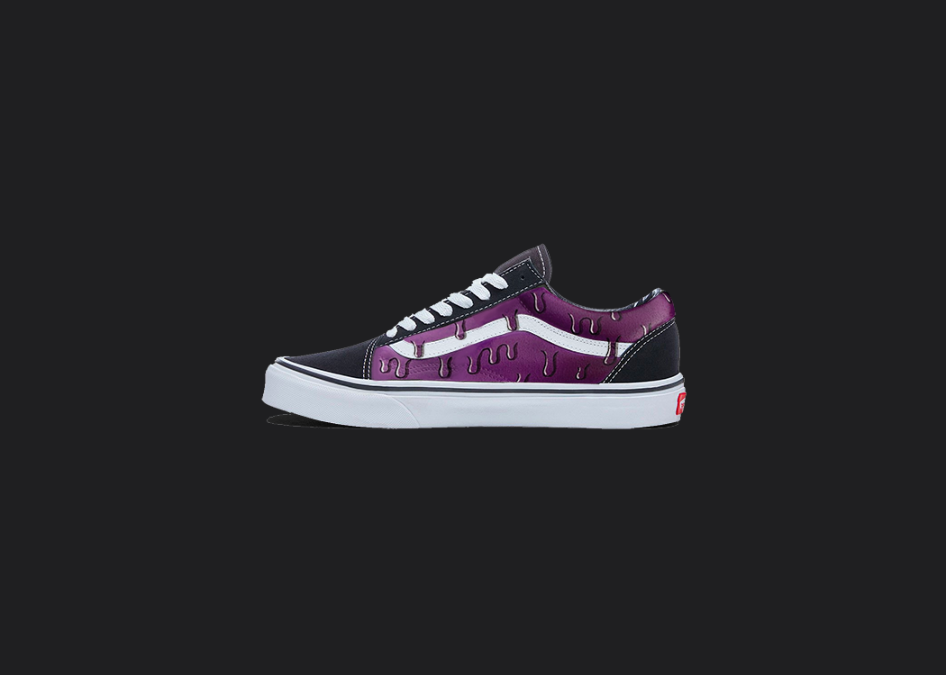 The image is featuring a custom hand painted dripping vans shoes on a blank black background. The vans old skools sneaker has a purple drip shoes design on the side of shoes. 