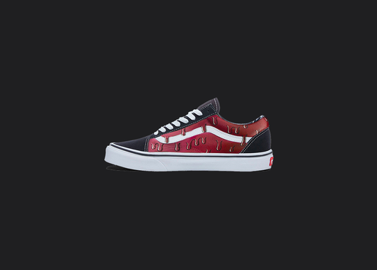 The image is featuring a custom hand painted dripping vans shoes on a blank black background. The vans old skools sneaker has a red drip shoes design on the side of shoes. 