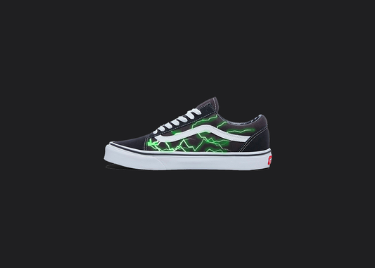 The image is featuring a custom hand painted vans shoes on a blank black background. The vans old skools sneaker has a custom green lightning design on the side of shoes. 
