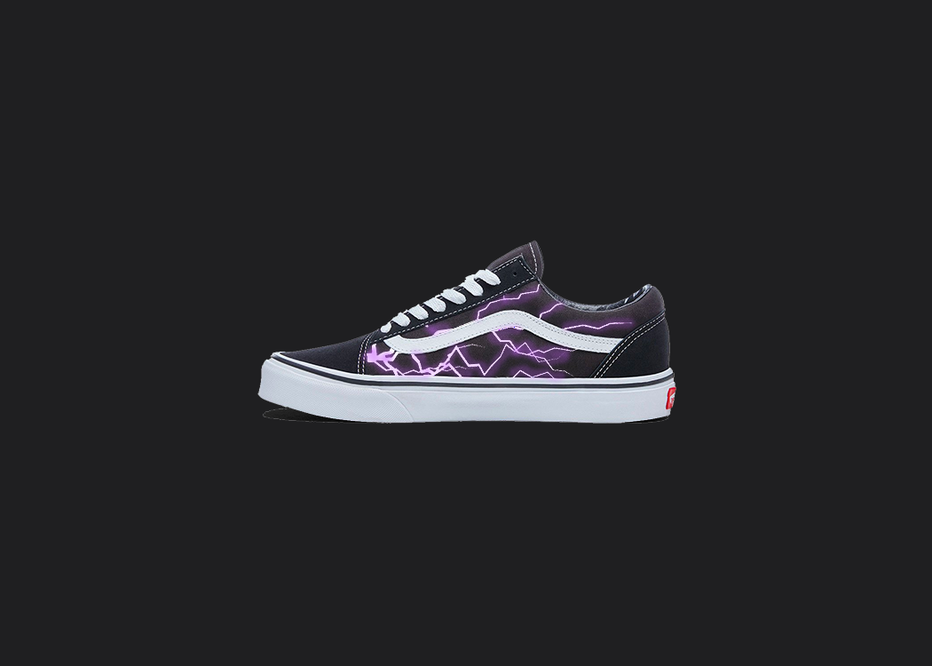 The image is featuring a custom hand painted vans shoes on a blank black background. The vans old skools sneaker has a custom Purple lightning design on the side of shoes.