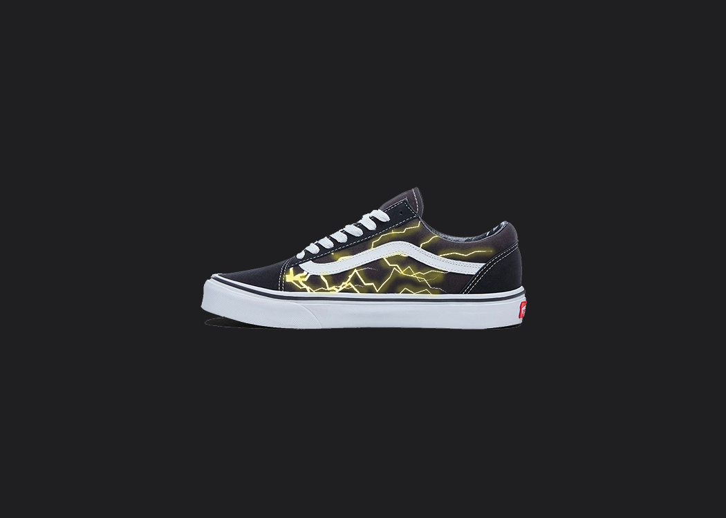The image is featuring a custom hand painted vans shoes on a blank black background. The vans old skools sneaker has a custom Yellow lightning design on the side of shoes. 