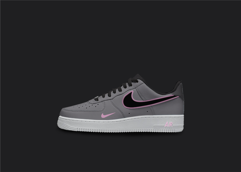 Custom Nike AF1 sneakers in shades of gray and pink. The gray base of the shoe features pink accents on the Nike logo, base and sole. The hand-painted design adds a unique touch to these one-of-a-kind sneakers.