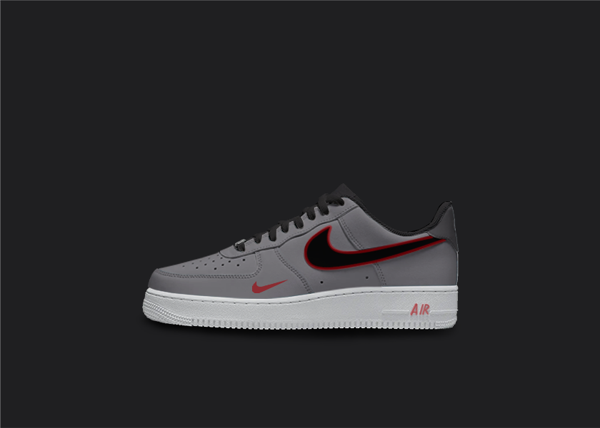 Custom Nike AF1 sneakers in shades of gray and red. The gray base of the shoe features red accents on the Nike logo, base and sole. The hand-painted design adds a unique touch to these one-of-a-kind sneakers.